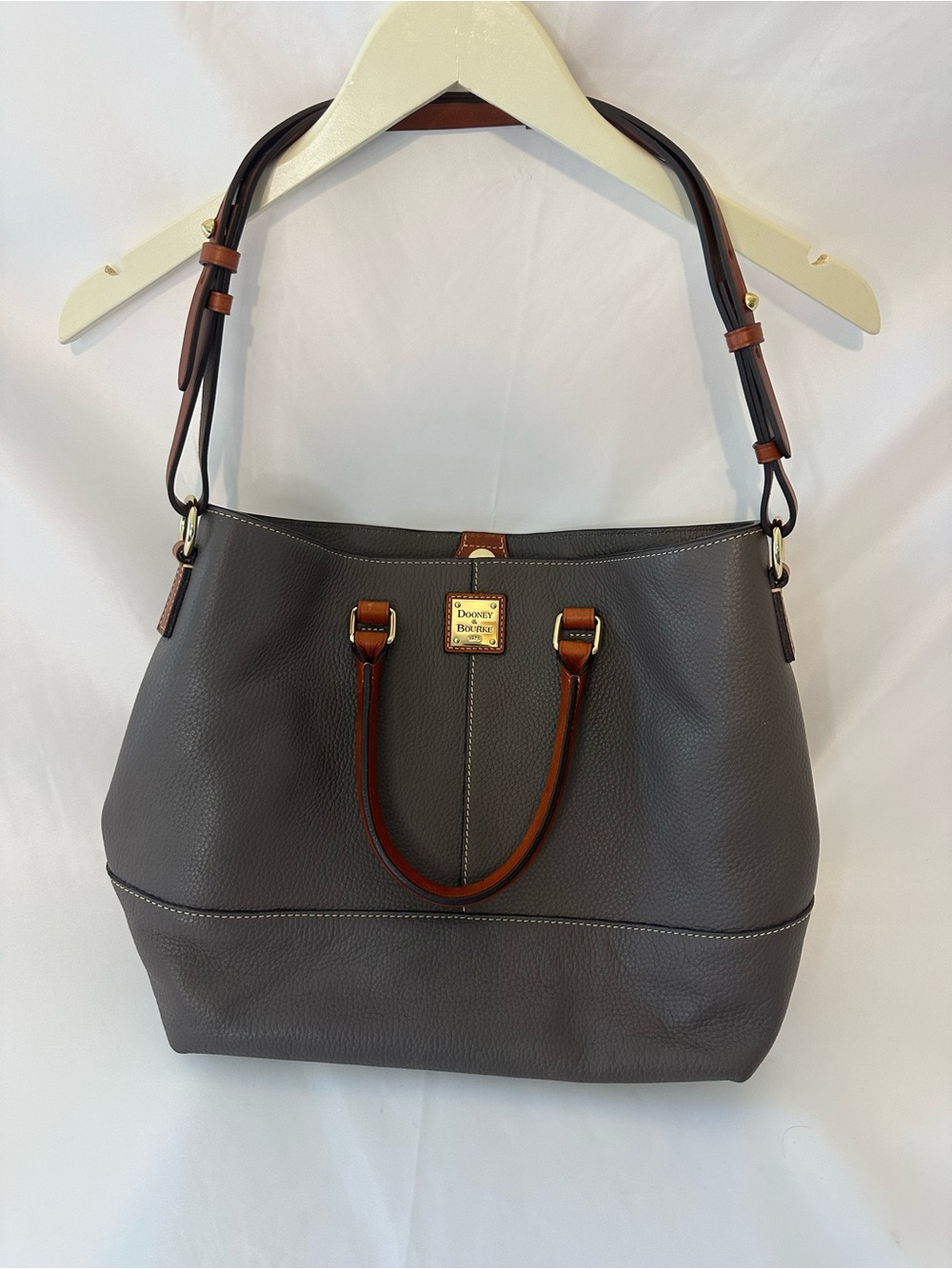 Dooney & Bourke Gray Leather Tote with Brown Trim and Gold Plaque